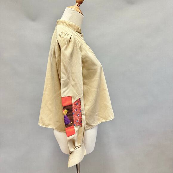 Vintage 70s tan patchwork sleeve twill cropped long sleeve Boxy top Size Small - Picture 7 of 15